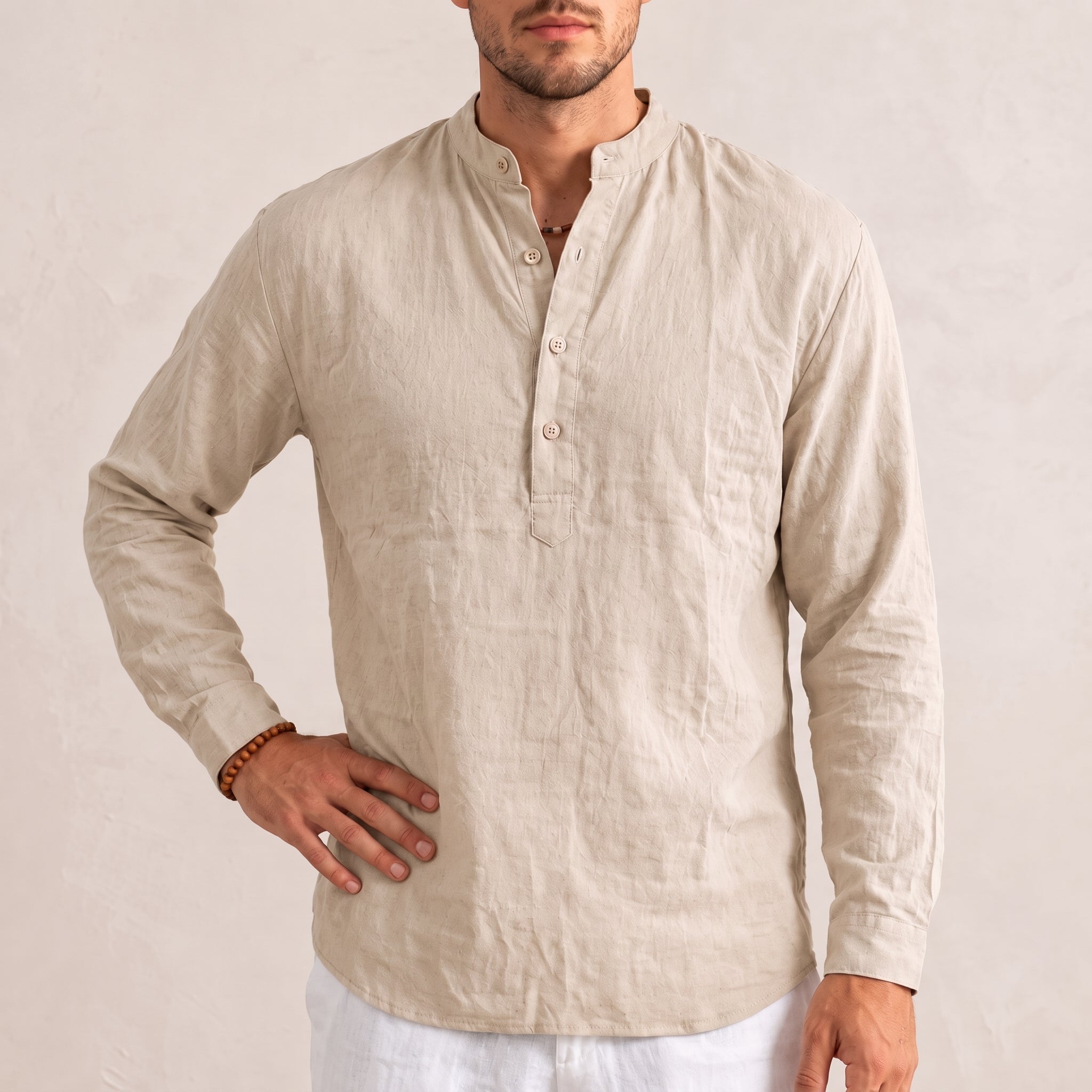 Arthur – Men's Summer Grandad Collar Placket Shirt - Shirts - Beige - Davies & Cooper