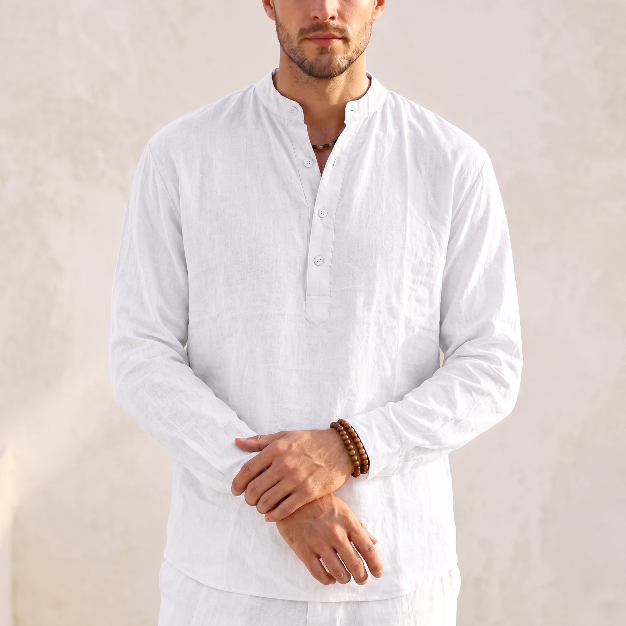 Arthur – Men's Summer Grandad Collar Placket Shirt - Shirts - White - Davies & Cooper