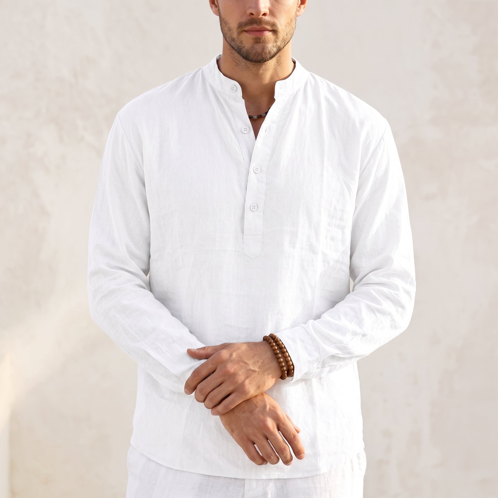 Arthur – Men's Summer Grandad Collar Placket Shirt - Shirts - White - Davies & Cooper
