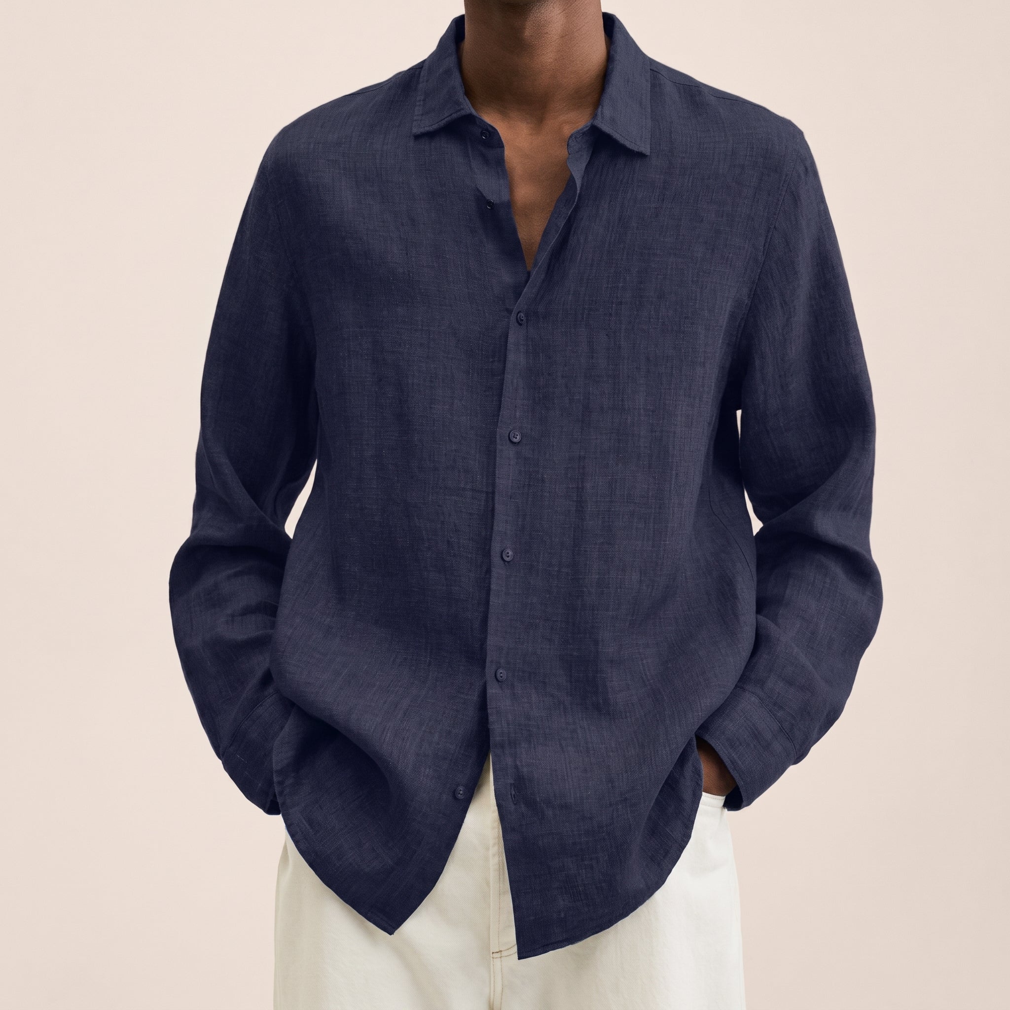 Arthur – Men's Summer Point Collar Long Sleeve Shirt - Shirts - Navy Blue - Davies & Cooper