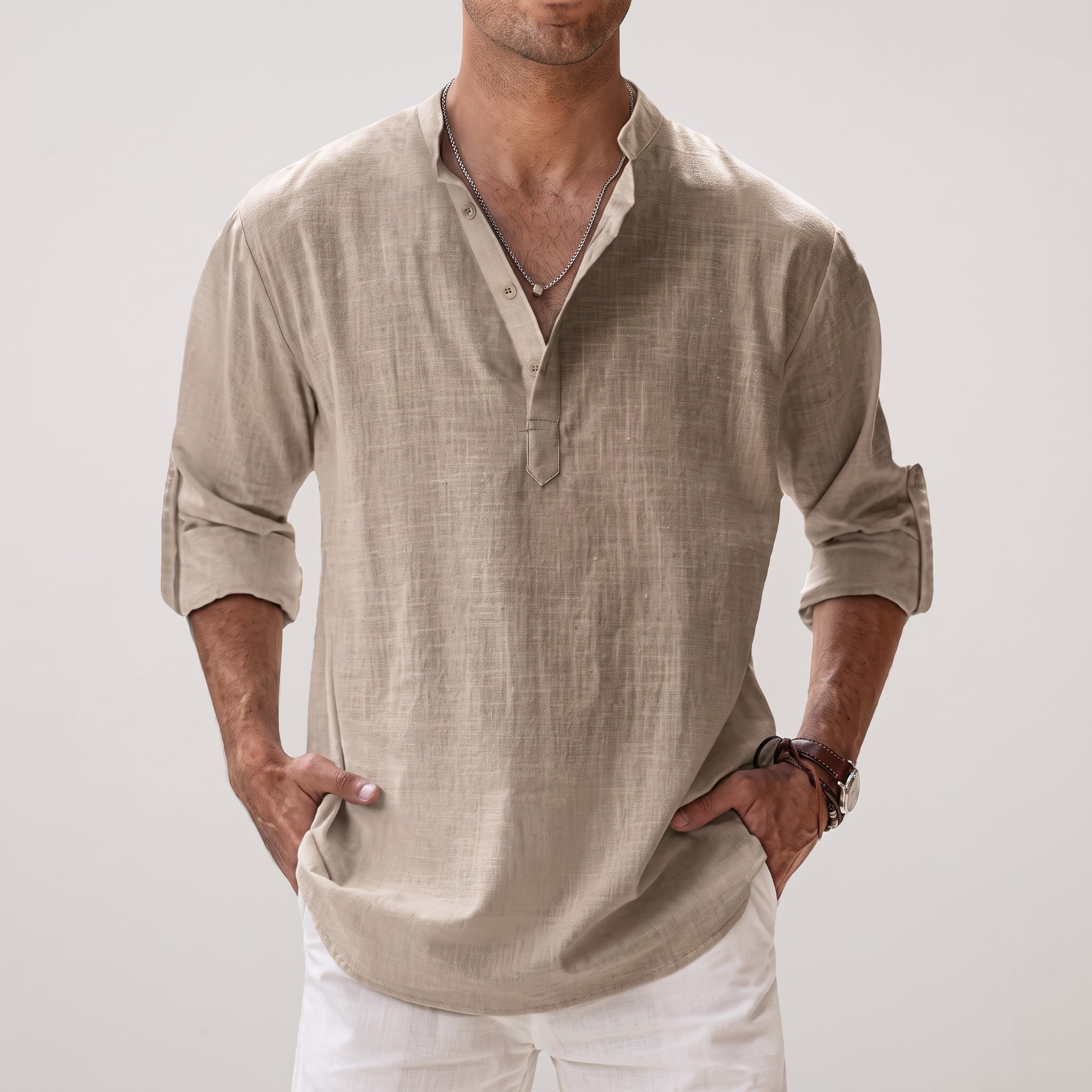 Arthur - Men's Summer Relaxed Fit Band Collar Henley Shirt - Henley Shirts - Khaki - Davies & Cooper