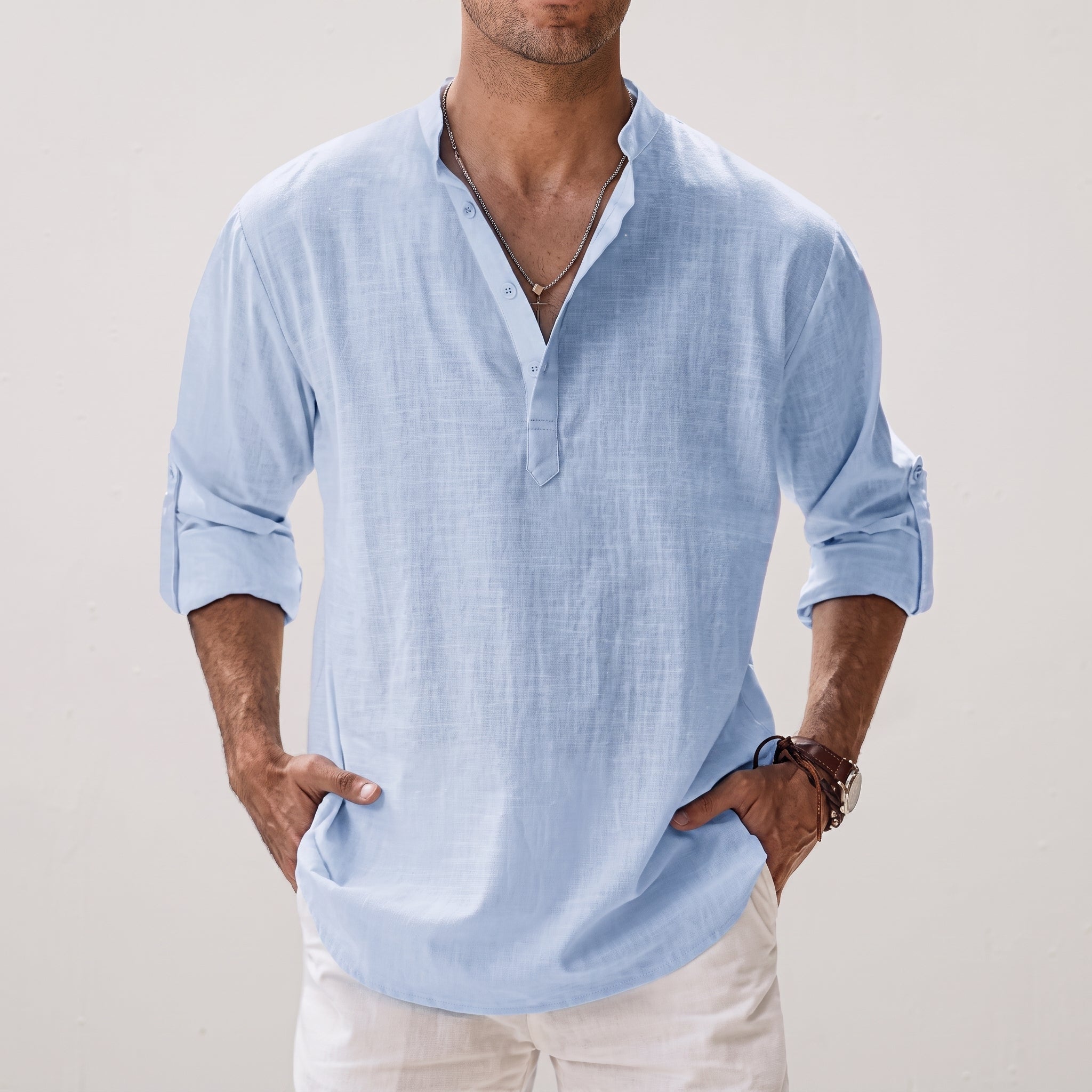 Arthur - Men's Summer Relaxed Fit Band Collar Henley Shirt - Henley Shirts - Light Blue - Davies & Cooper