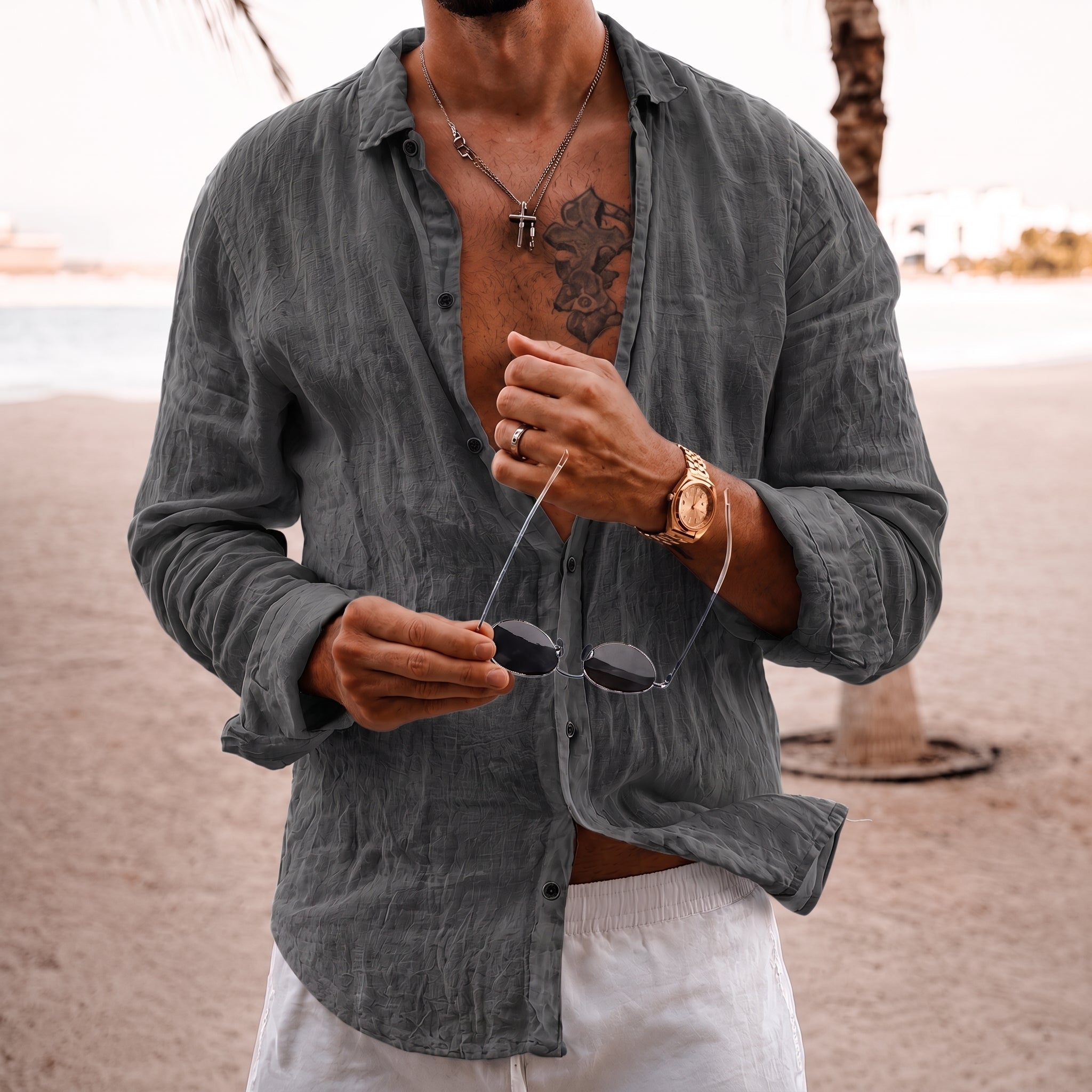 Arthur - Men's Summer Relaxed Fit Long Sleeve Shirt - Shirts - Grey - Davies & Cooper