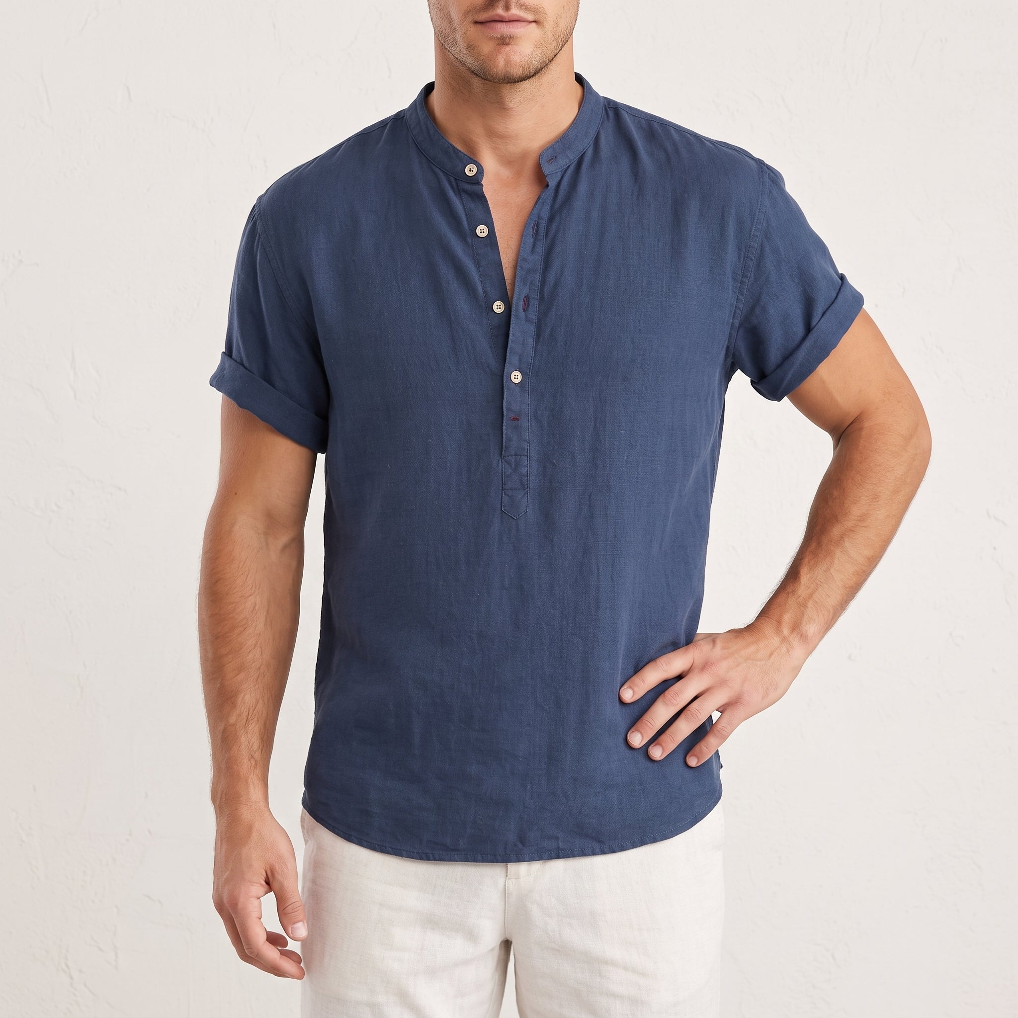Arthur - Men's Summer Short Sleeve Band Collar Henley Shirt - Henley Shirts - Dark Blue - Davies & Cooper