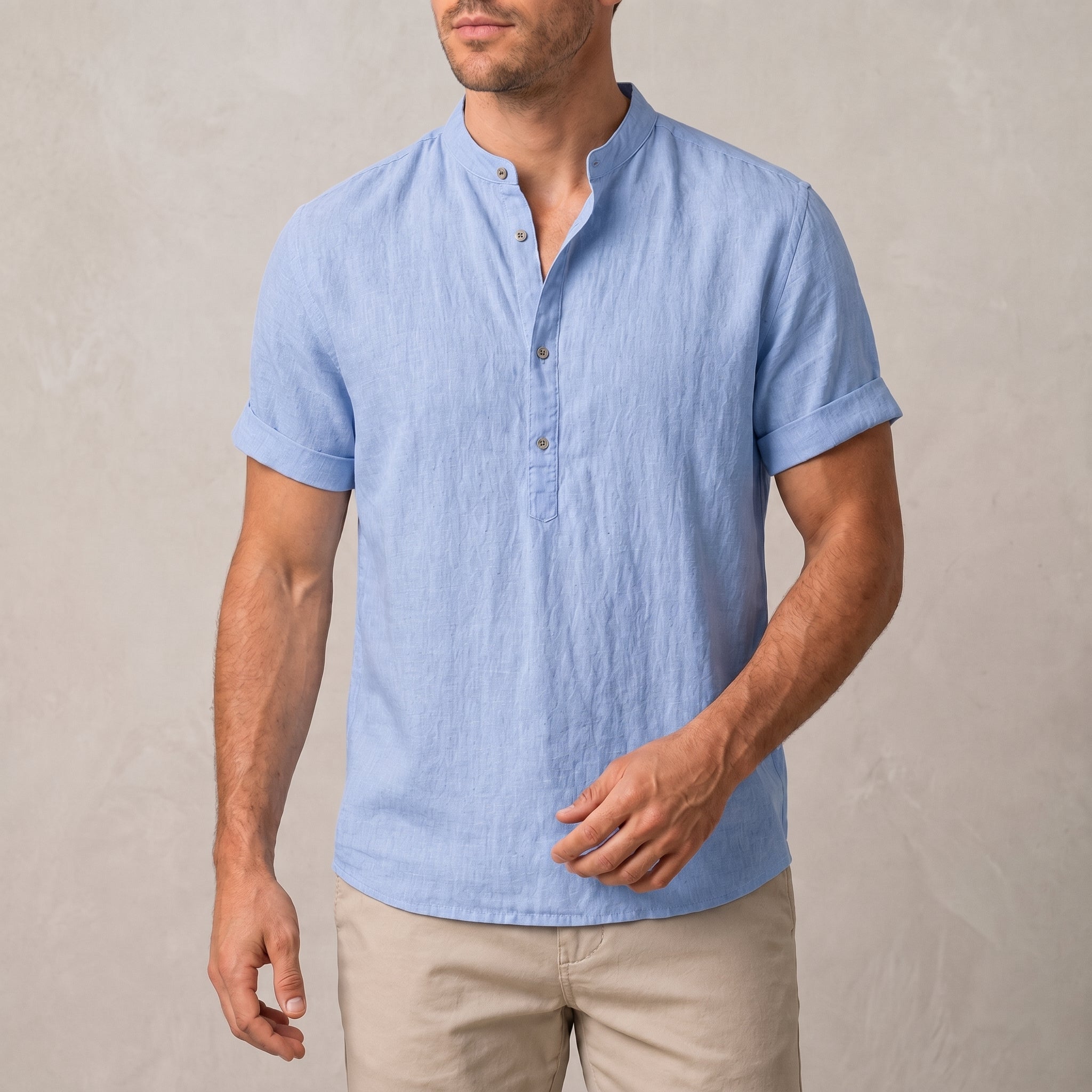Arthur - Men's Summer Short Sleeve Band Collar Henley Shirt - Henley Shirts - Light Blue - Davies & Cooper