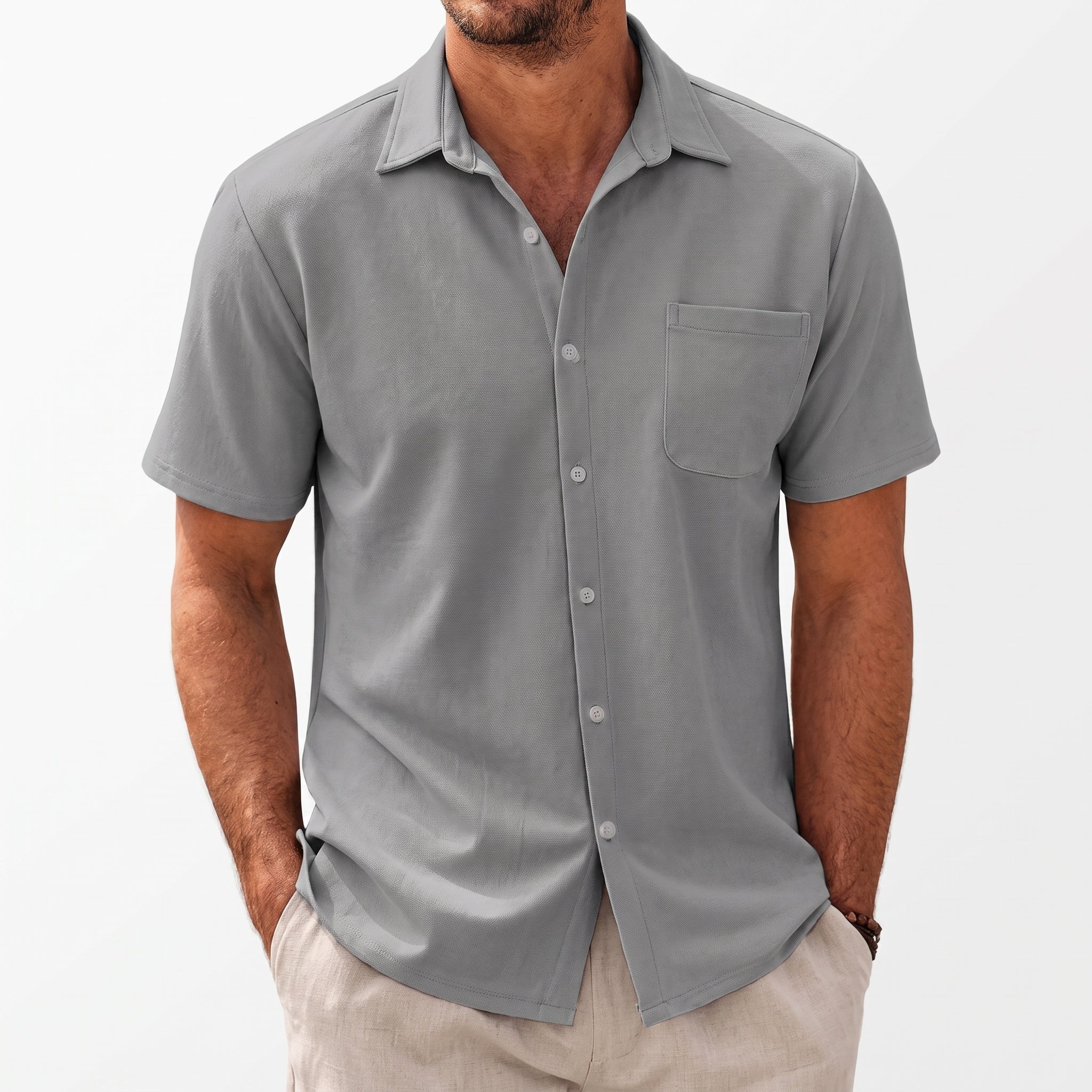 Arthur - Men's Summer Short Sleeve Button-Down Shirt - Shirts - Light Grey - Davies & Cooper