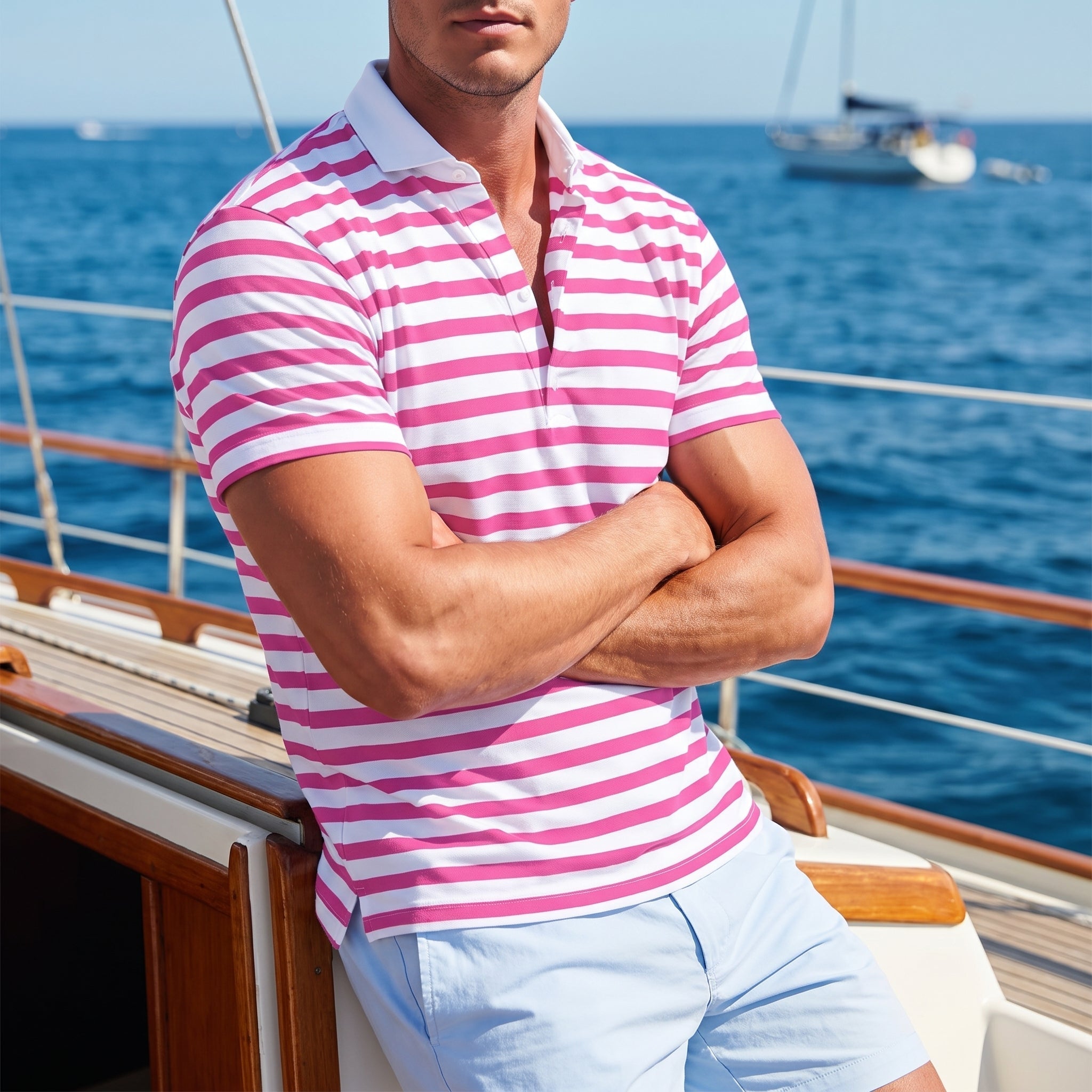 Arthur - Men's Summer Stripe Contrast Collar Polo Shirt - Polo Shirt - Pink - Davies & Cooper