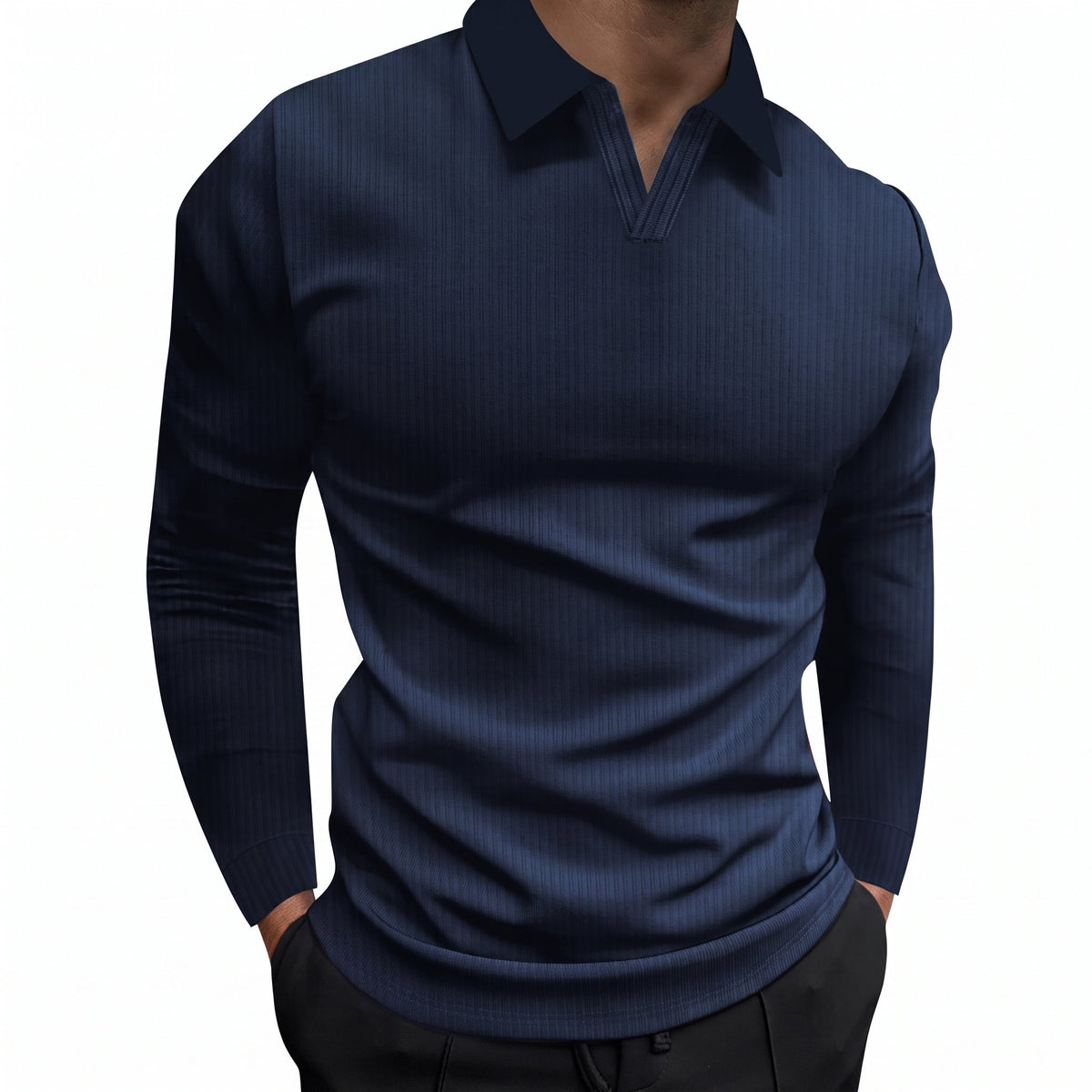 Arthur - MMen's Slim Fit Polo Shirt with Ribbed Texture - Polos - Navy Blue - Davies & Cooper