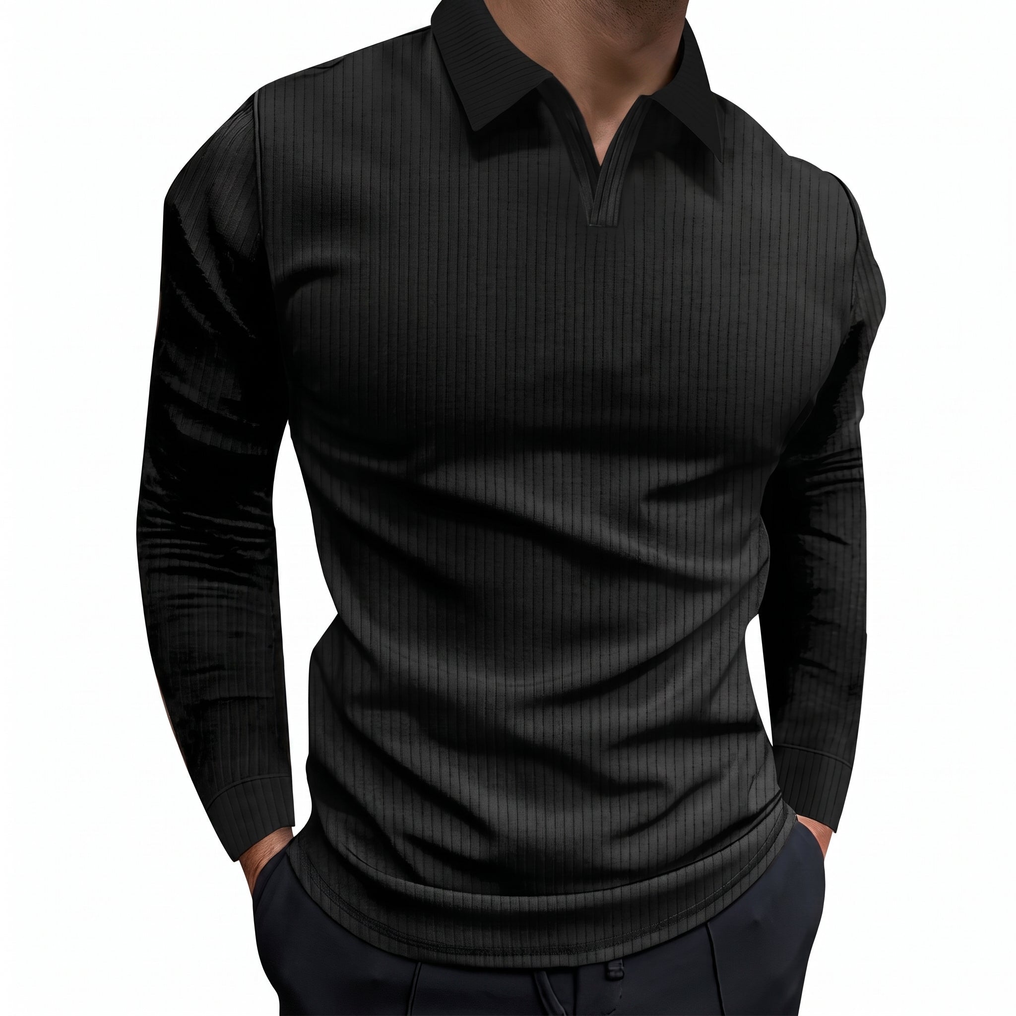 Arthur - MMen's Slim Fit Polo Shirt with Ribbed Texture - Polos - Black - Davies & Cooper