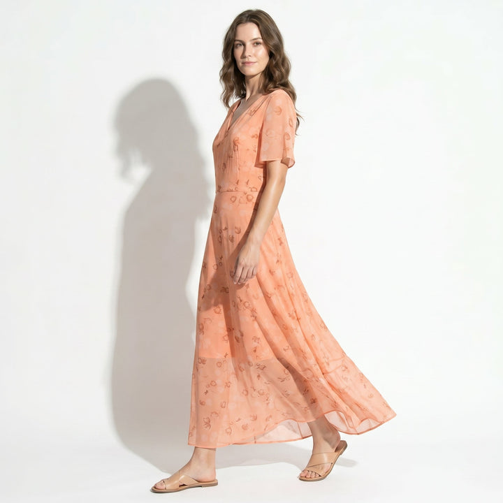 Ava – Women's Summer Floral Print Chiffon Maxi Dress - Maxi Dress - Orange - Davies & Cooper