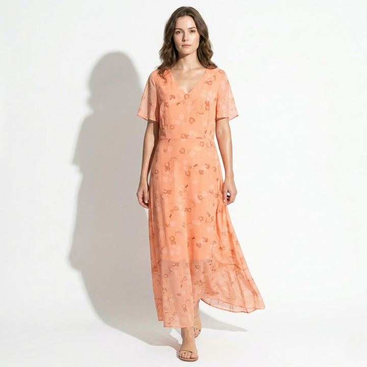 Ava – Women's Summer Floral Print Chiffon Maxi Dress - Maxi Dress - Orange - Davies & Cooper