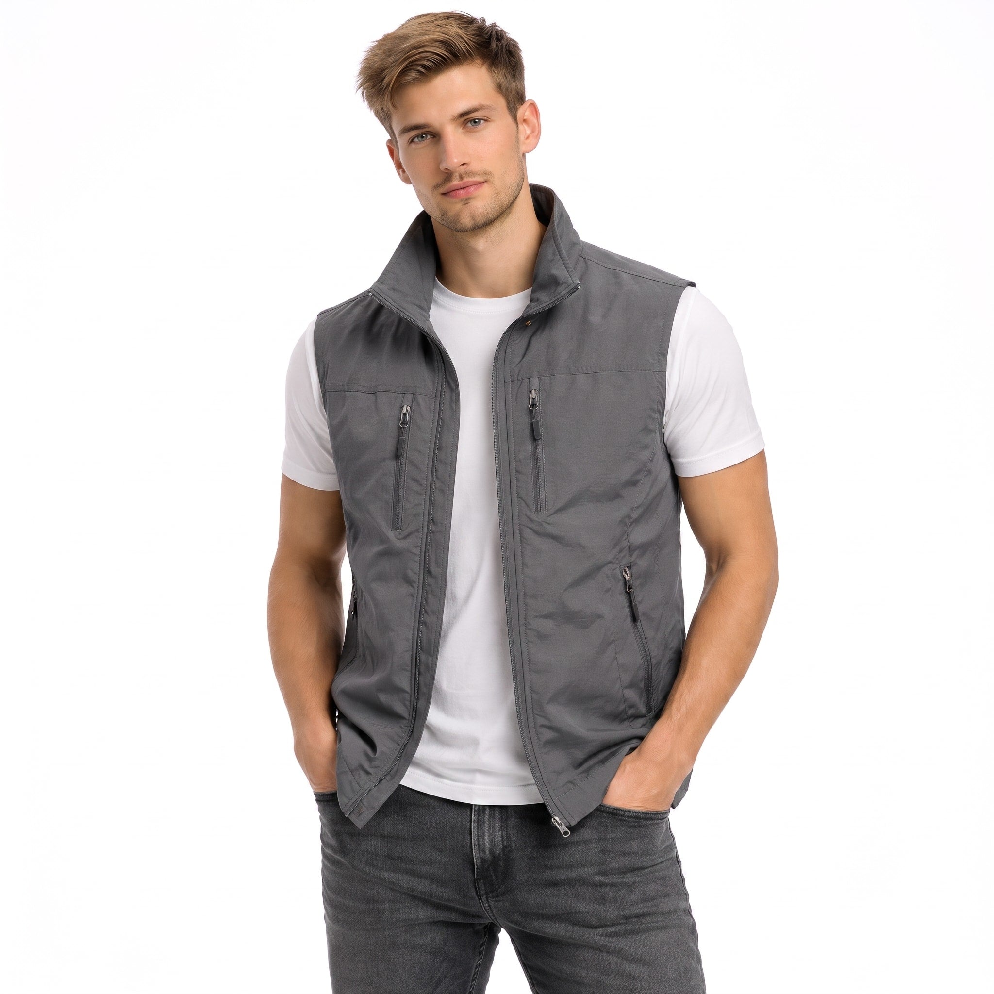 James - Men's Zip-Up Gilet with Multiple Pockets and Stand Collar