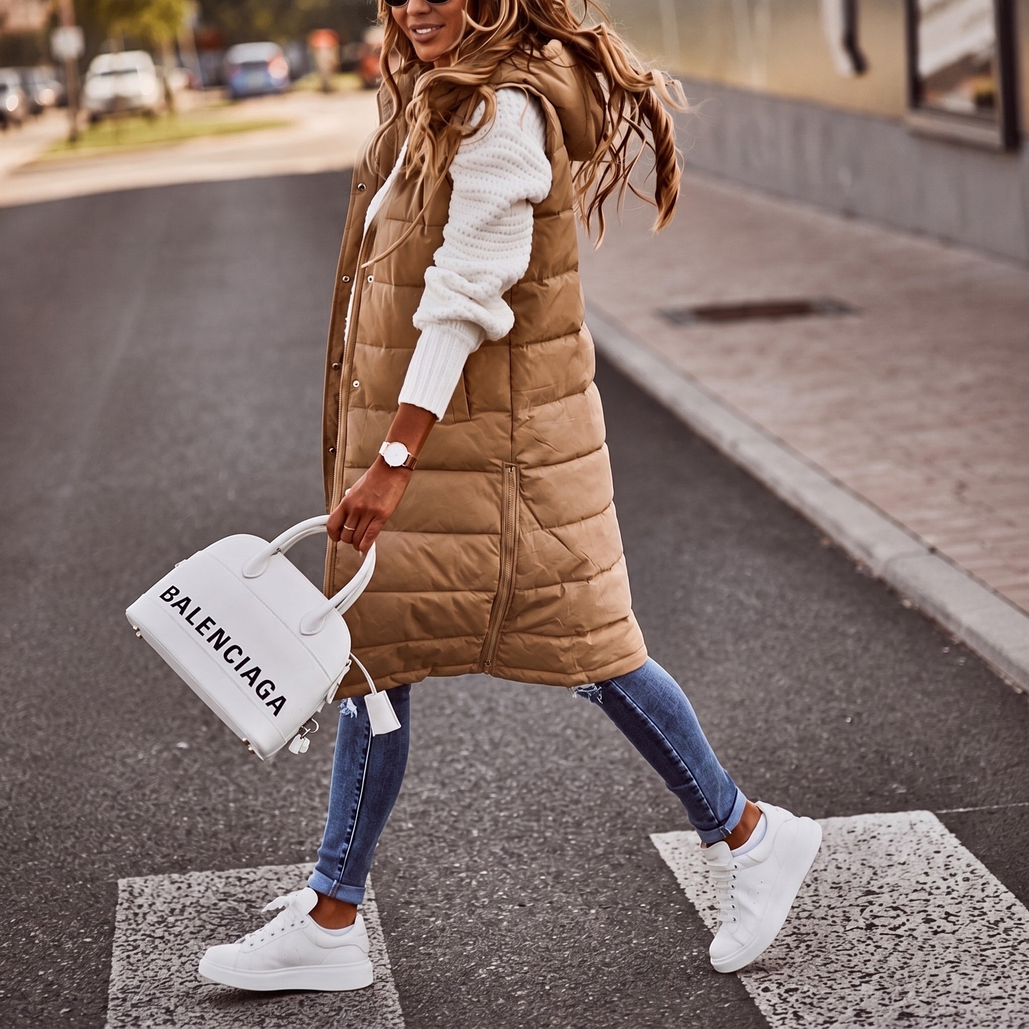 Olivia - Women's Longline Quilted Hooded Gilet with Side Pockets