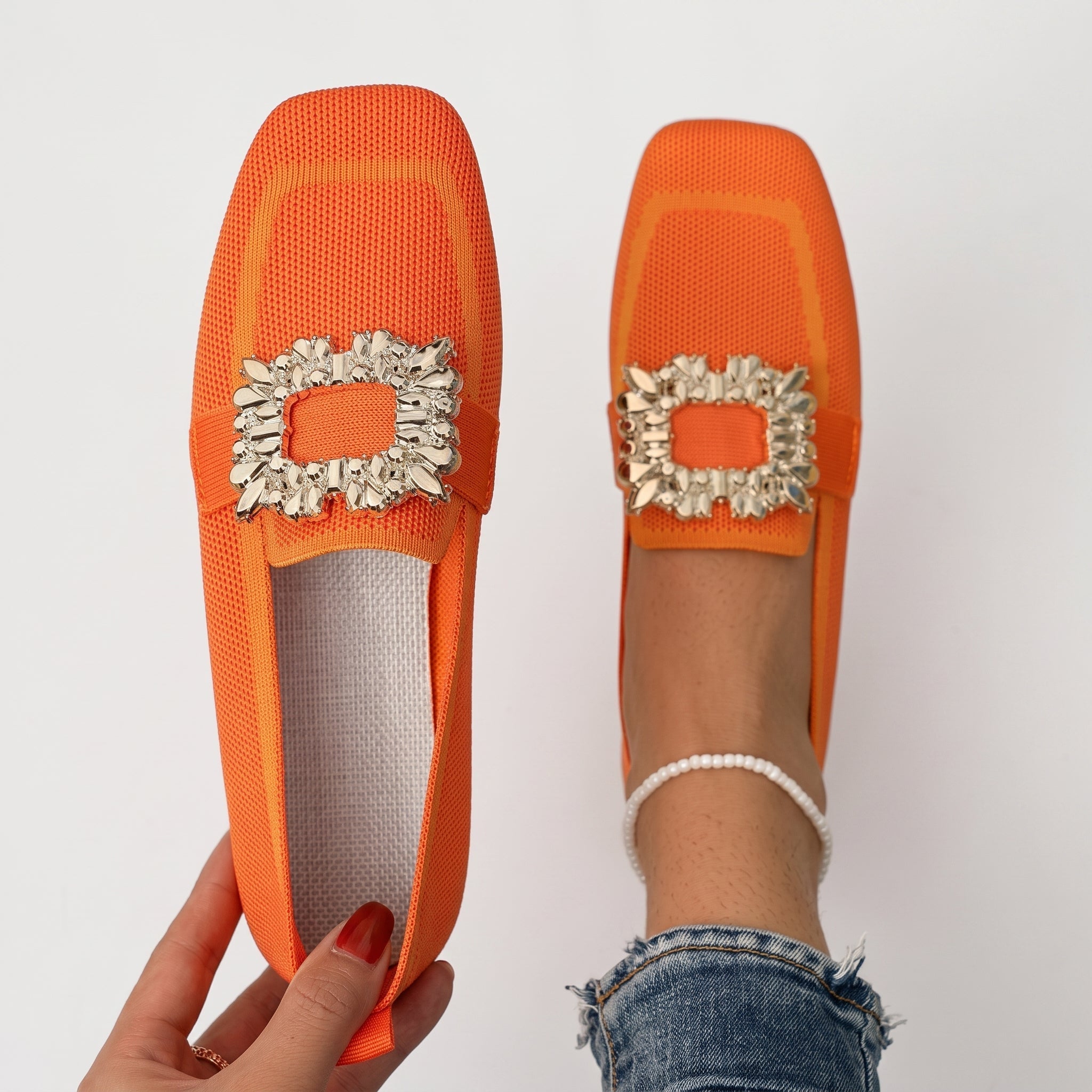 Barrett - Women's Embellished Square Toe Flat Loafers - Loafers - Orange - Davies & Cooper