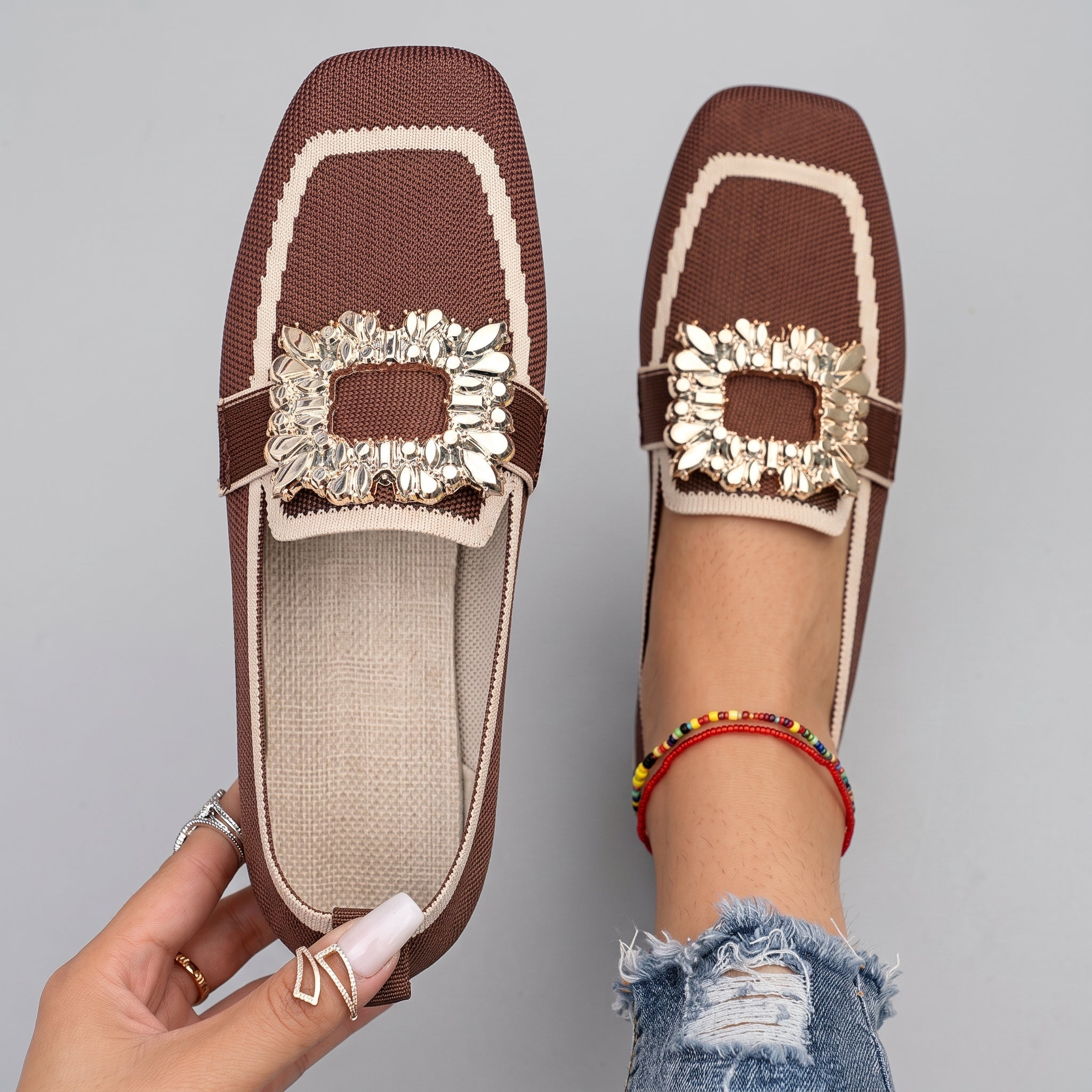 Barrett - Women's Embellished Square Toe Flat Loafers - Loafers - Brown - Davies & Cooper