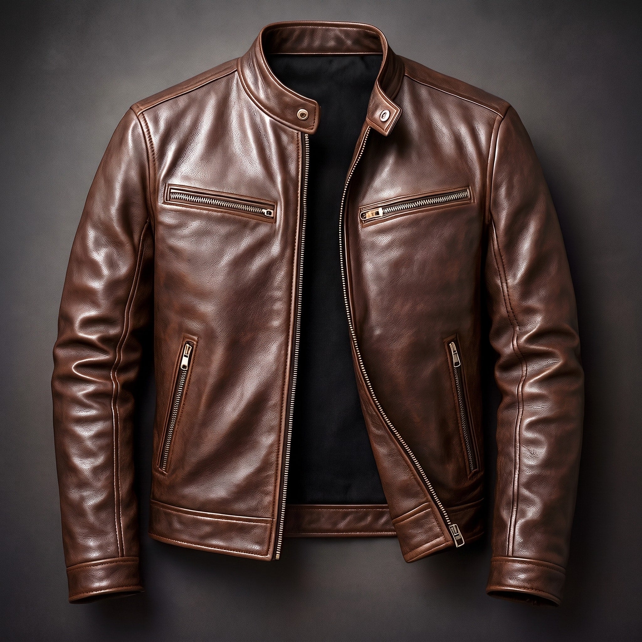 Jack - Men's Leather Biker Jacket with Zip Pockets and Snap Collar