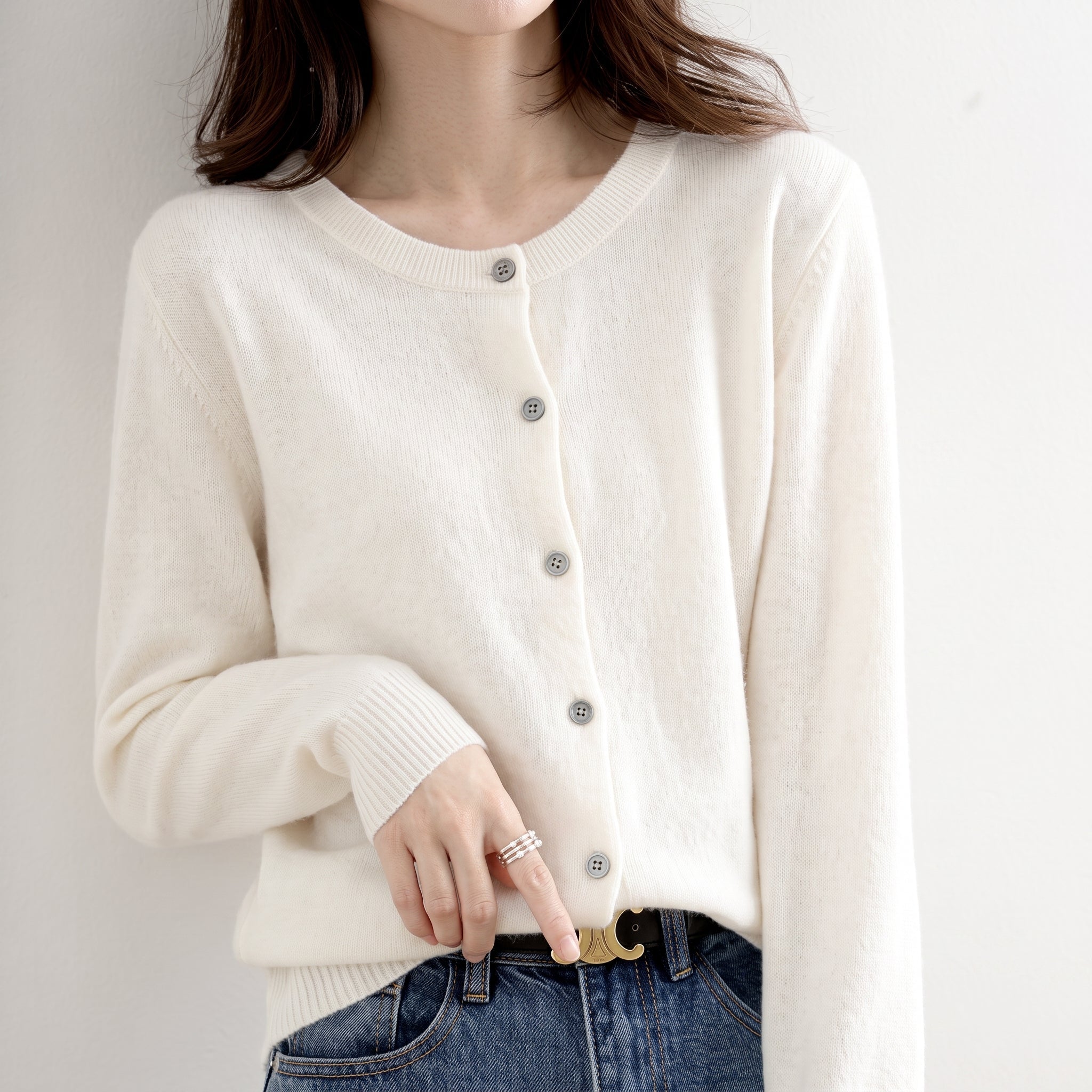 Beatrice - Women's Button-Front Round Neck Cardigan - Cardigans - White - Davies & Cooper
