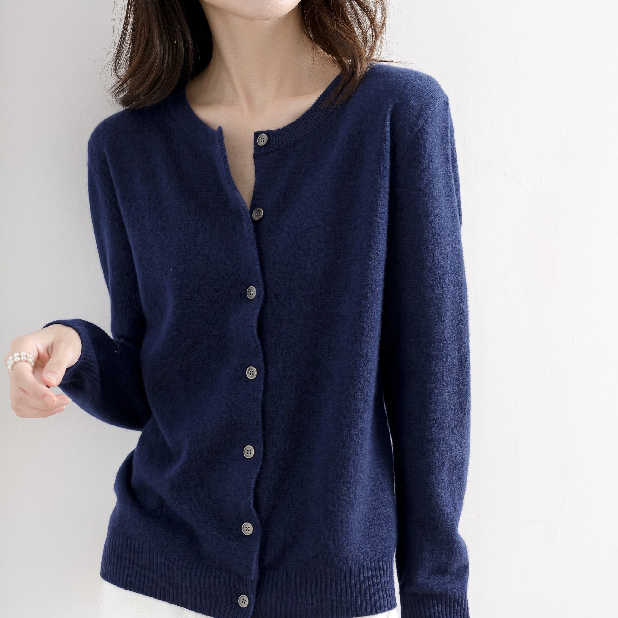 Beatrice - Women's Button-Front Round Neck Cardigan - Cardigans - Navy Blue - Davies & Cooper