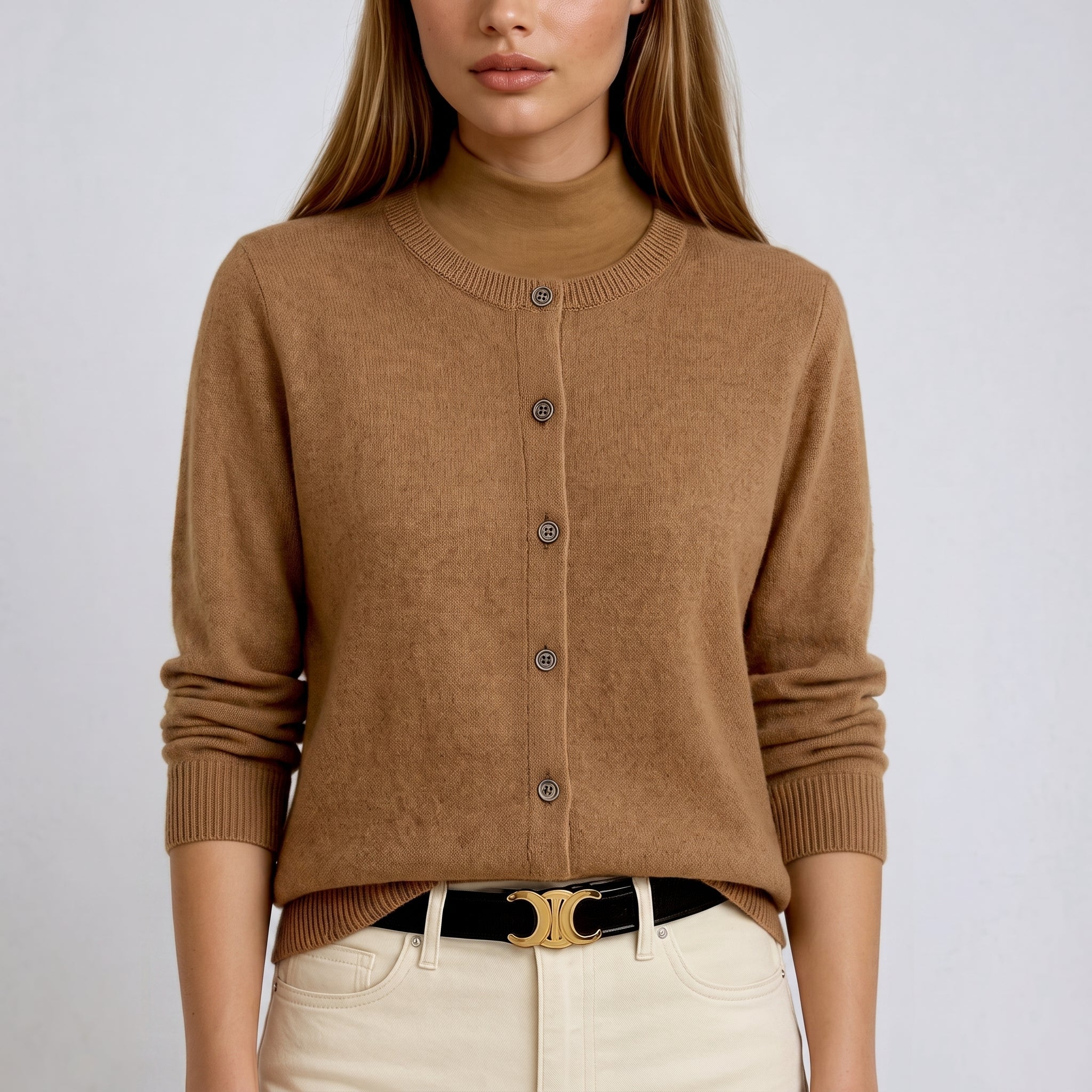 Beatrice - Women's Button-Front Round Neck Cardigan - Cardigans - Beige - Davies & Cooper