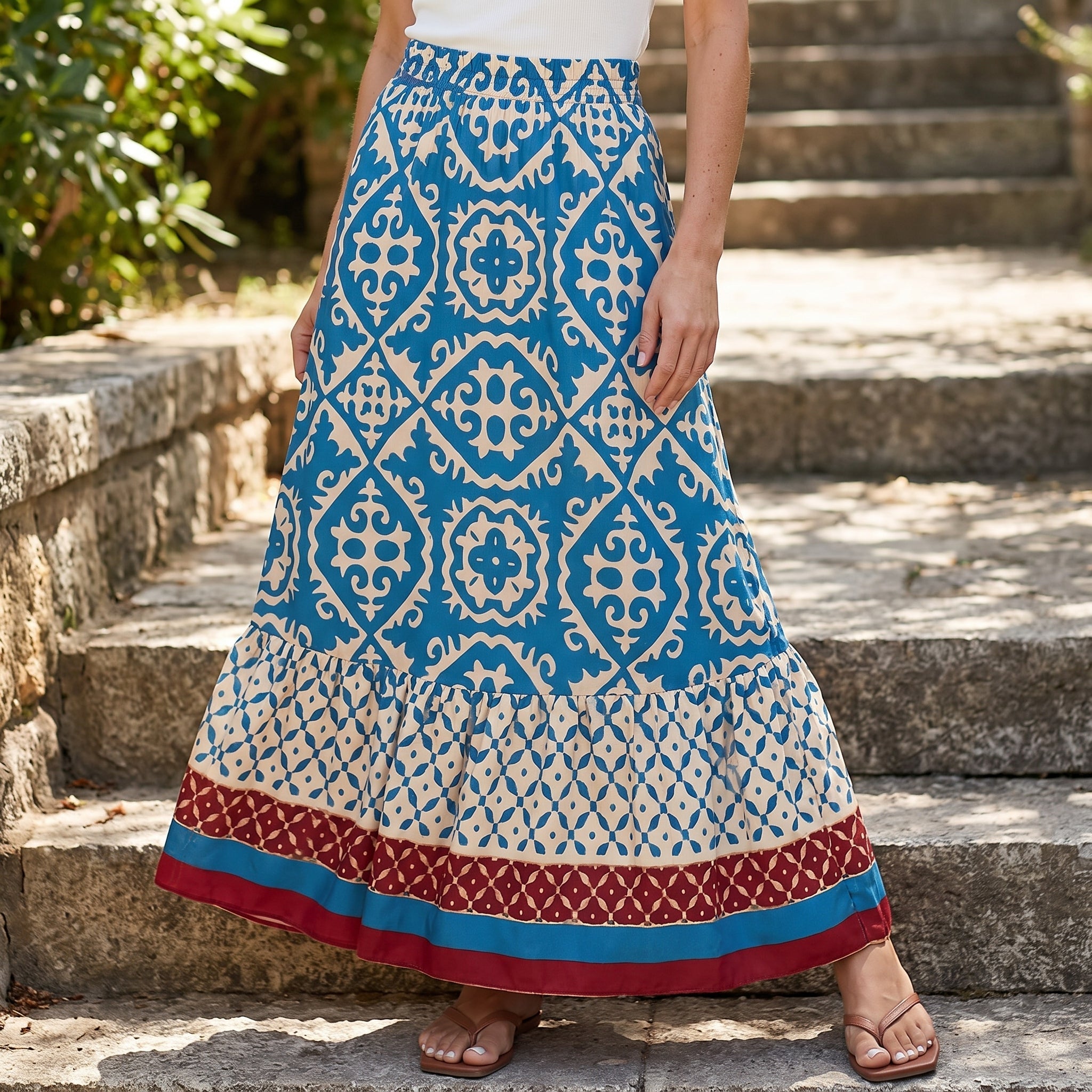 Beatrice - Women's Summer Boho Geometric Print Maxi Skirt - Maxi Skirts - Blue - Davies & Cooper