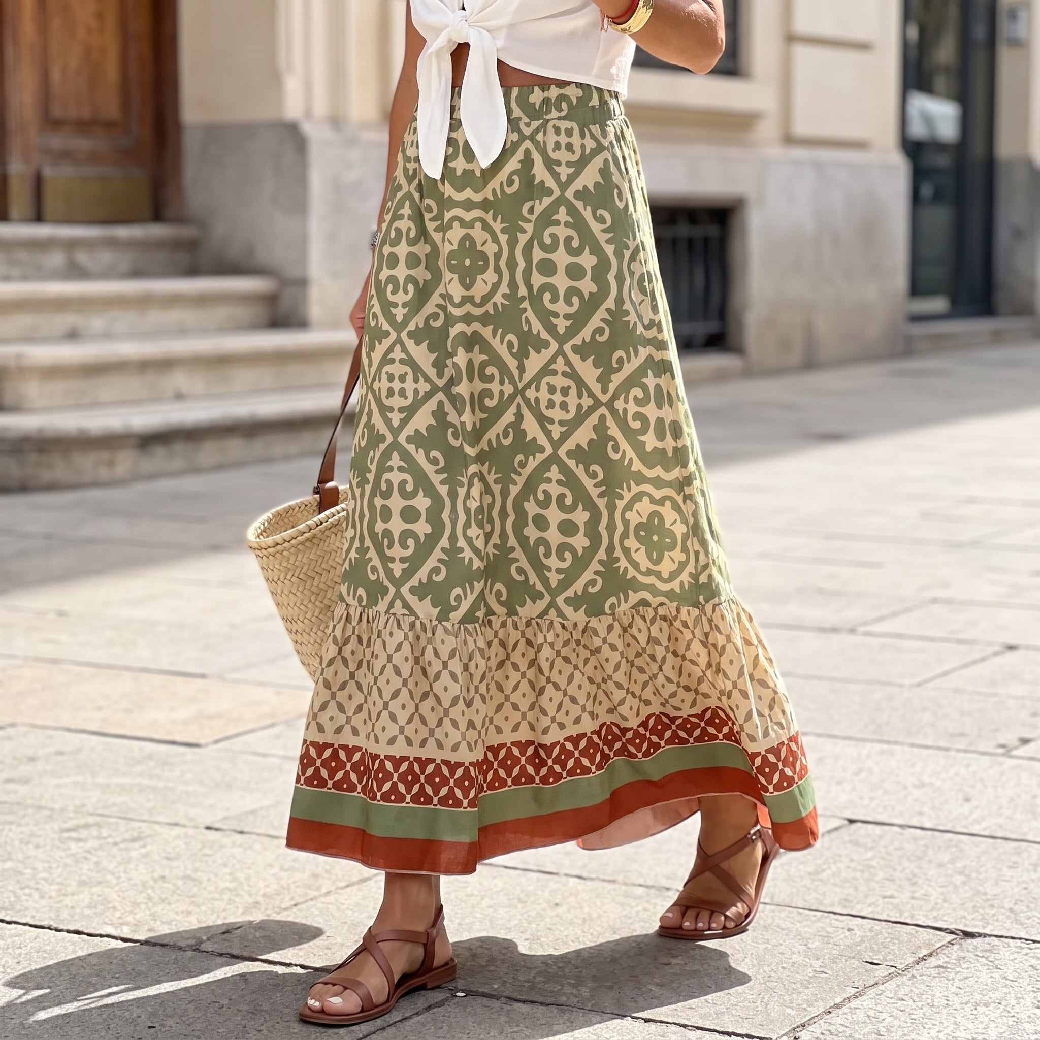Beatrice - Women's Summer Boho Geometric Print Maxi Skirt - Maxi Skirts - Green - Davies & Cooper