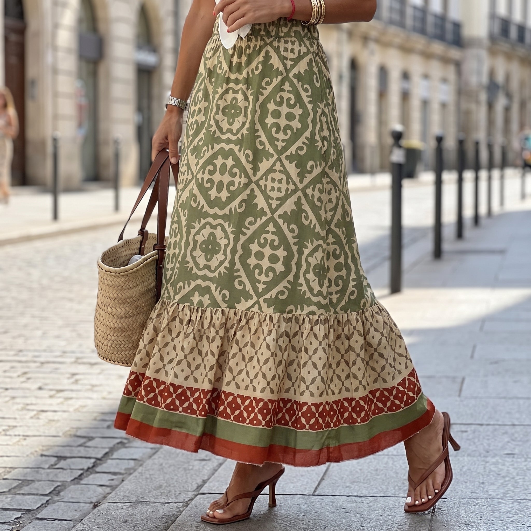 Beatrice - Women's Summer Boho Geometric Print Maxi Skirt - Maxi Skirts - Green - Davies & Cooper