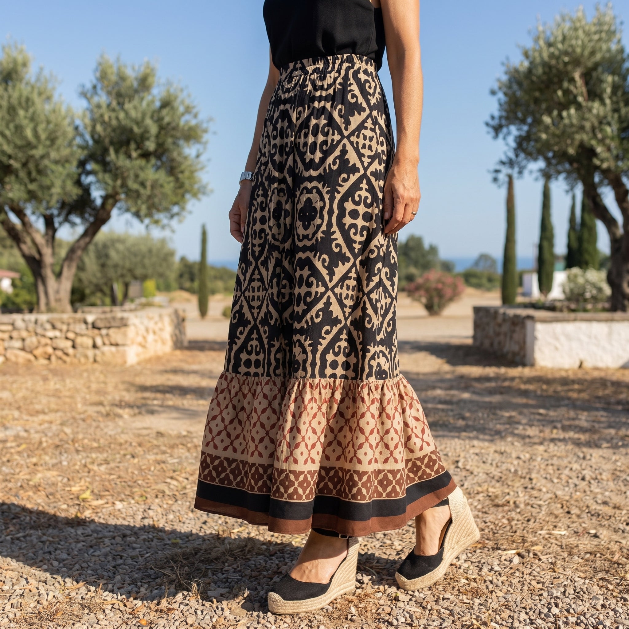 Beatrice - Women's Summer Boho Geometric Print Maxi Skirt - Maxi Skirts - Black - Davies & Cooper