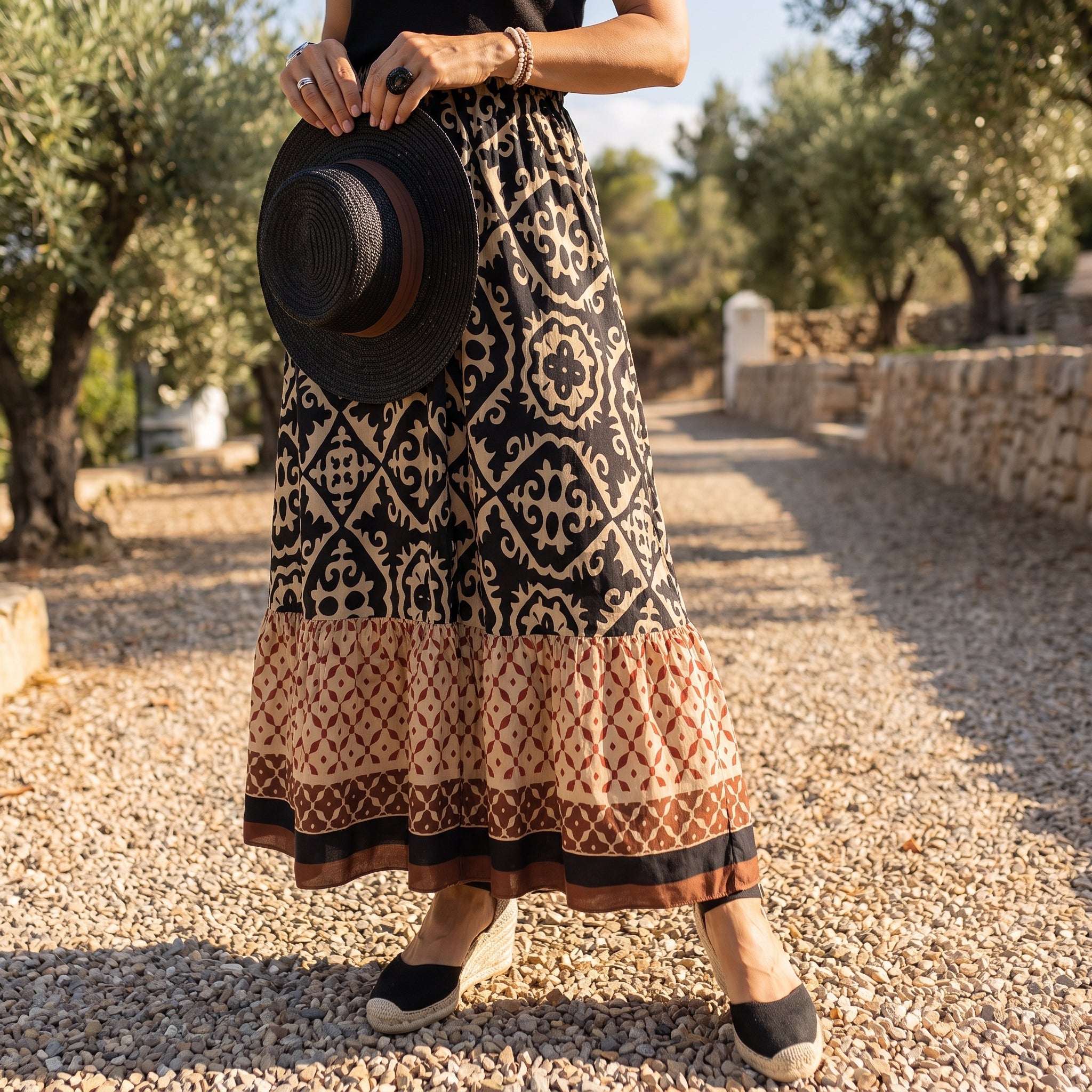 Beatrice - Women's Summer Boho Geometric Print Maxi Skirt - Maxi Skirts - Black - Davies & Cooper