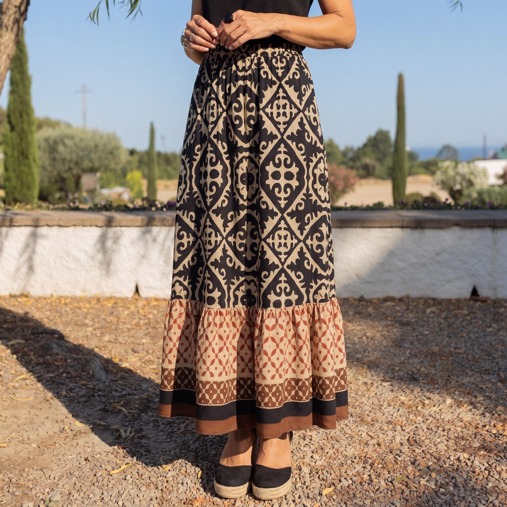 Beatrice - Women's Summer Boho Geometric Print Maxi Skirt - Maxi Skirts - Black - Davies & Cooper