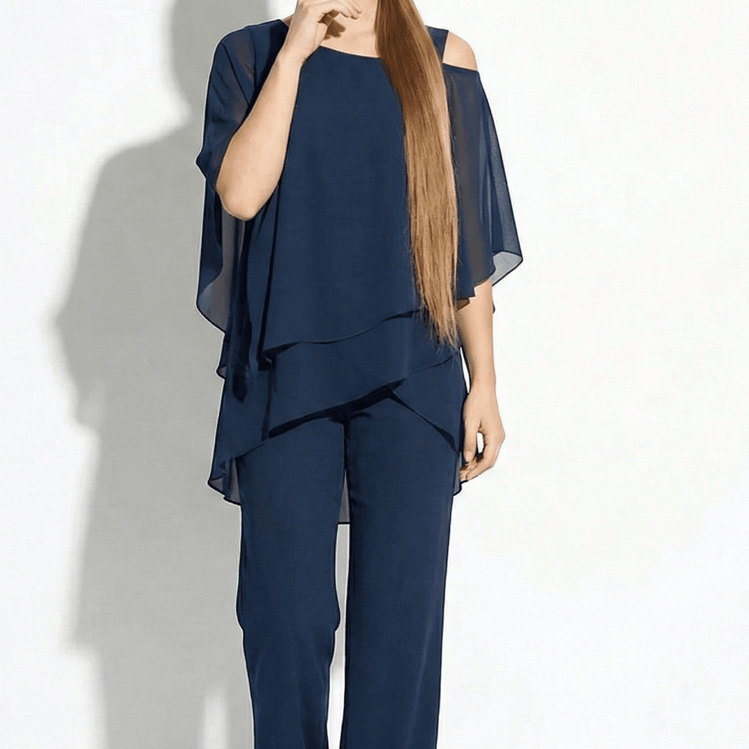 Bianca - Women's 2 - Piece Trouser Set with Layered Sleeves - Set - Dark Blue - Davies & Cooper