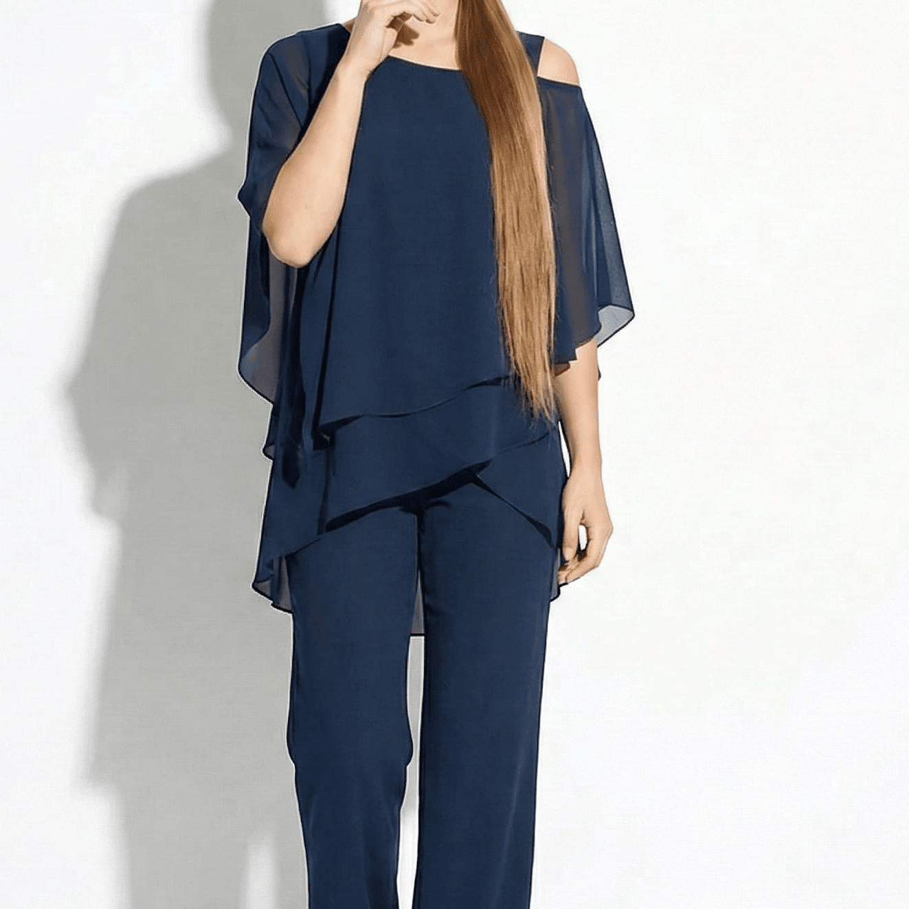 Bianca - Women's 2 - Piece Trouser Set with Layered Sleeves - Set - Dark Blue - Davies & Cooper