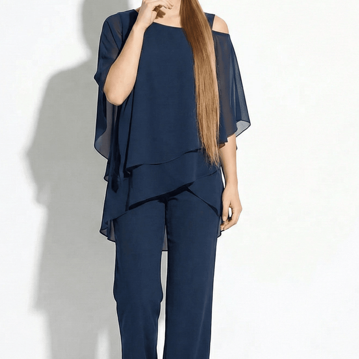 Bianca - Women's 2 - Piece Trouser Set with Layered Sleeves - Set - Dark Blue - Davies & Cooper