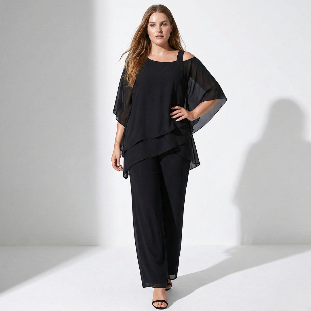 Bianca - Women's 2 - Piece Trouser Set with Layered Sleeves - Set - Black - Davies & Cooper