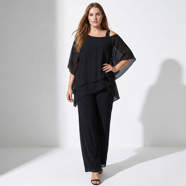 Bianca - Women's 2 - Piece Trouser Set with Layered Sleeves - Set - Black - Davies & Cooper