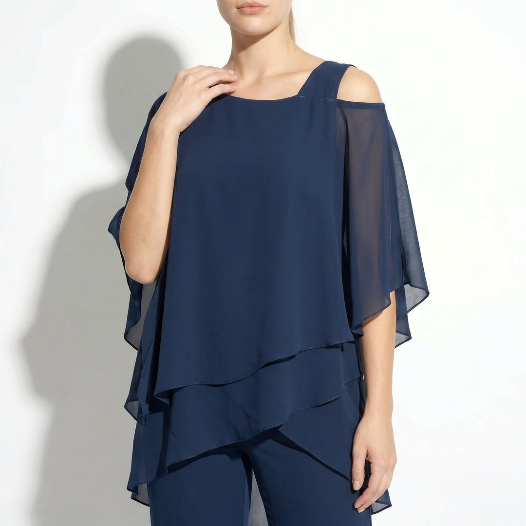 Bianca - Women's 2 - Piece Trouser Set with Layered Sleeves - Set - Dark Blue - Davies & Cooper