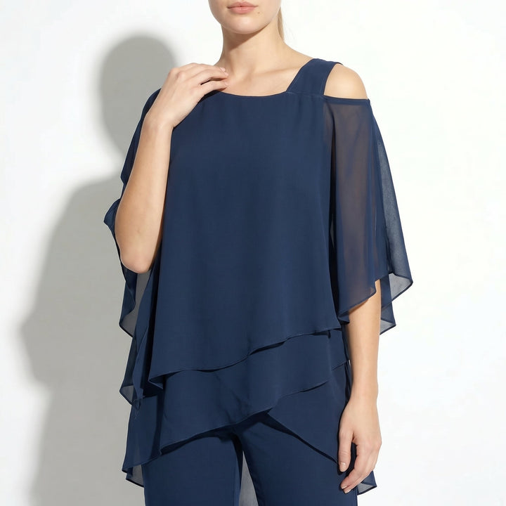Bianca - Women's 2 - Piece Trouser Set with Layered Sleeves - Set - Dark Blue - Davies & Cooper