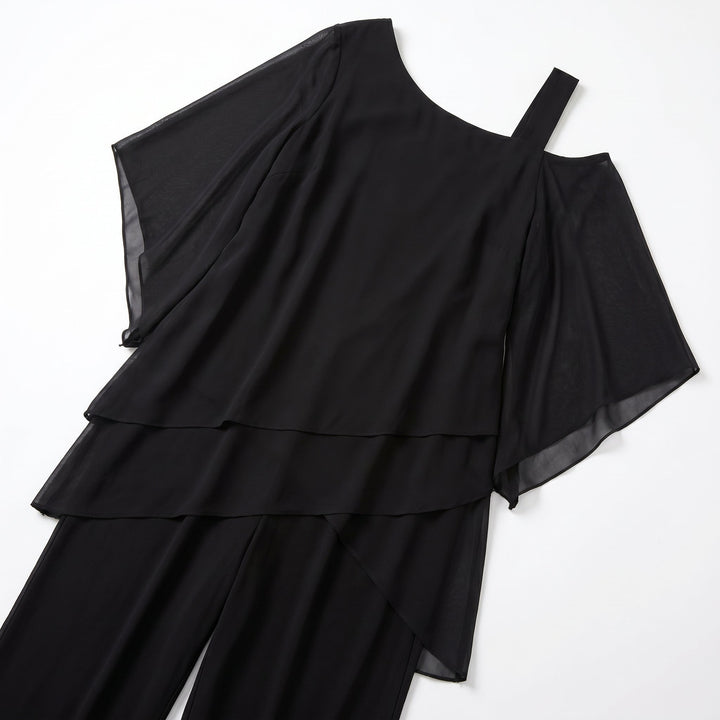 Bianca - Women's 2 - Piece Trouser Set with Layered Sleeves - Set - Black - Davies & Cooper
