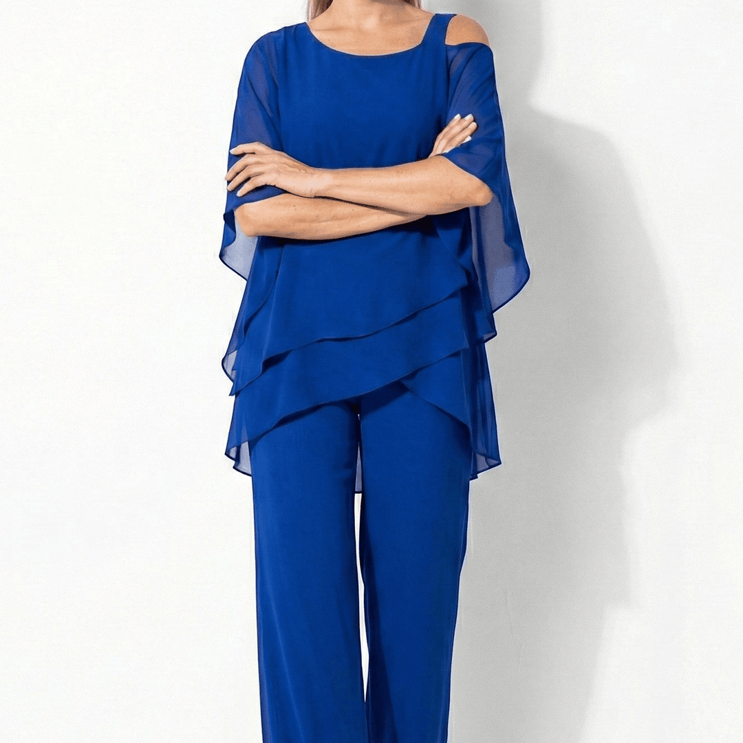 Bianca - Women's 2 - Piece Trouser Set with Layered Sleeves - Set - Blue - Davies & Cooper