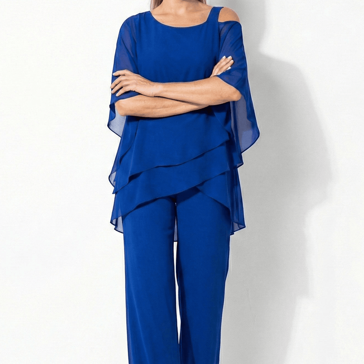Bianca - Women's 2 - Piece Trouser Set with Layered Sleeves - Set - Blue - Davies & Cooper