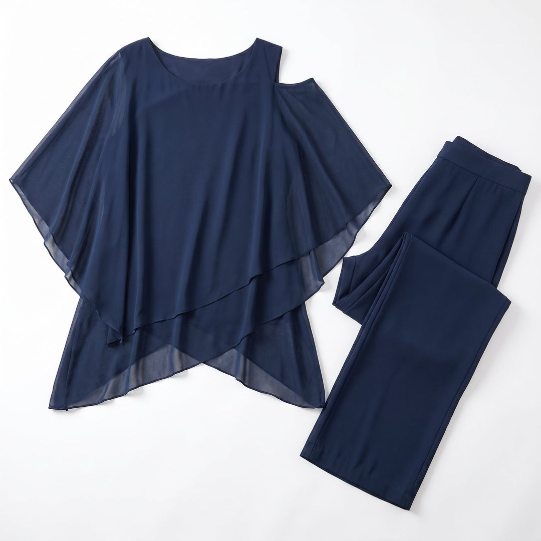 Bianca - Women's 2 - Piece Trouser Set with Layered Sleeves - Set - Dark Blue - Davies & Cooper