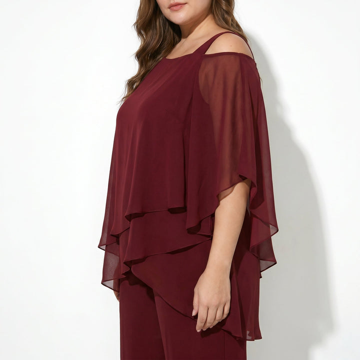 Bianca - Women's 2 - Piece Trouser Set with Layered Sleeves - Set - Burgundy - Davies & Cooper
