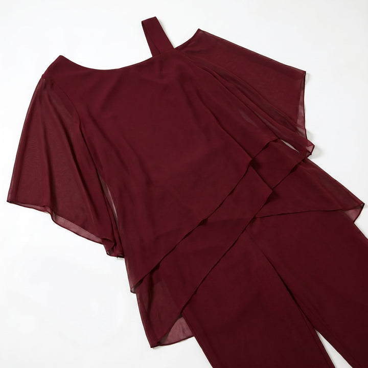 Bianca - Women's 2 - Piece Trouser Set with Layered Sleeves - Set - Burgundy - Davies & Cooper