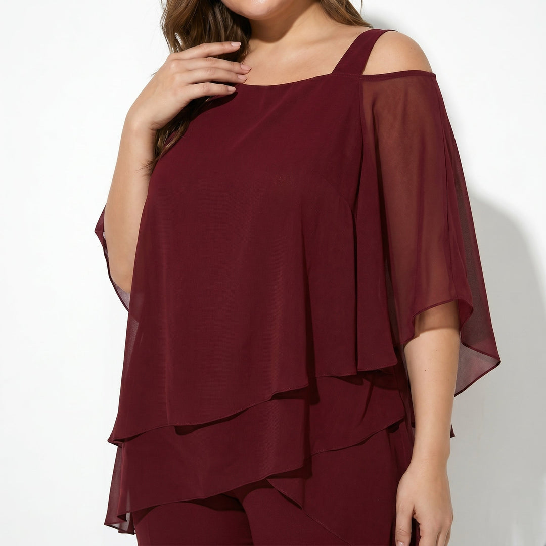 Bianca - Women's 2 - Piece Trouser Set with Layered Sleeves - Set - Burgundy - Davies & Cooper