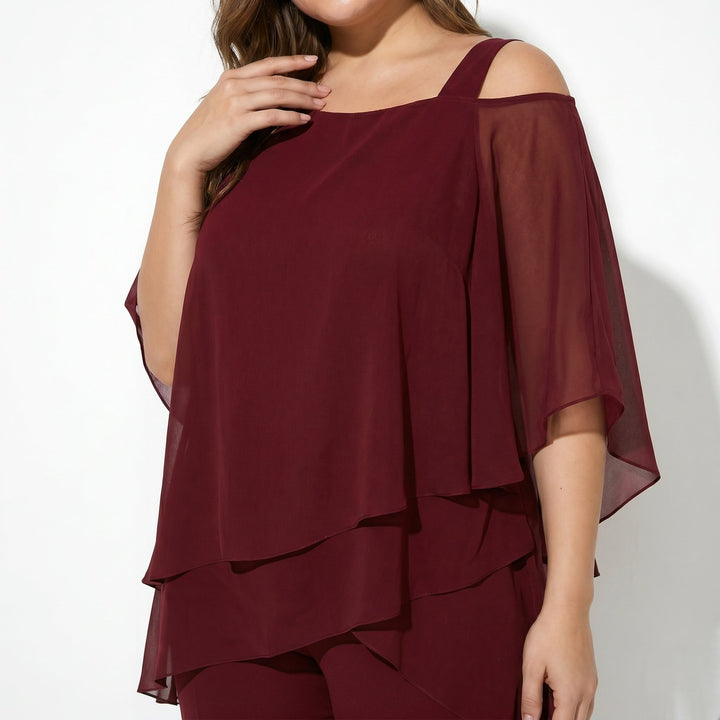 Bianca - Women's 2 - Piece Trouser Set with Layered Sleeves - Set - Burgundy - Davies & Cooper