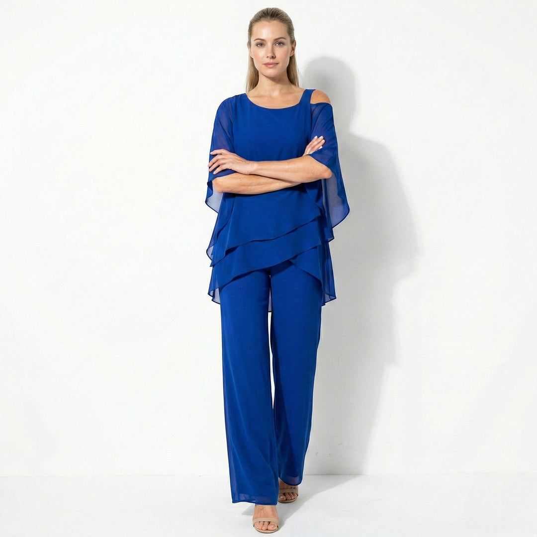 Bianca - Women's 2 - Piece Trouser Set with Layered Sleeves - Set - Blue - Davies & Cooper
