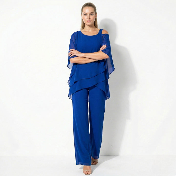 Bianca - Women's 2 - Piece Trouser Set with Layered Sleeves - Set - Blue - Davies & Cooper