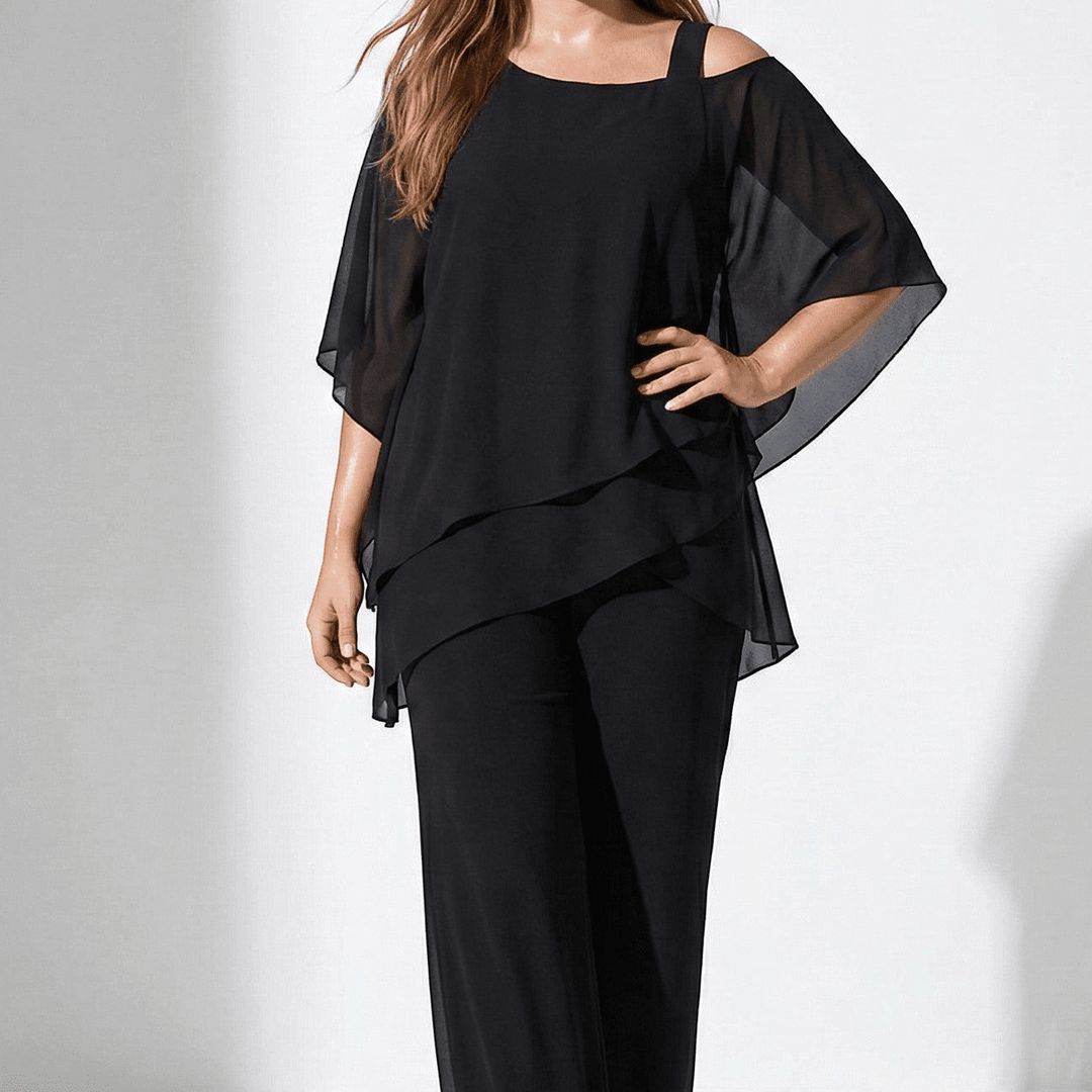 Bianca - Women's 2 - Piece Trouser Set with Layered Sleeves - Set - Black - Davies & Cooper
