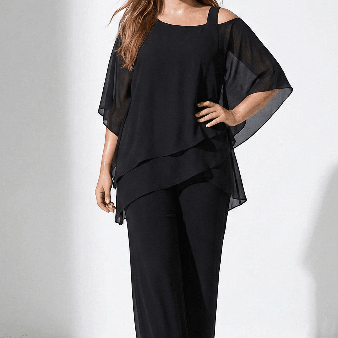 Bianca - Women's 2 - Piece Trouser Set with Layered Sleeves - Set - Black - Davies & Cooper