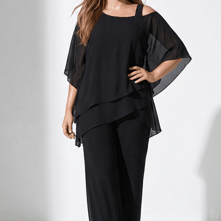 Bianca - Women's 2 - Piece Trouser Set with Layered Sleeves - Set - Black - Davies & Cooper