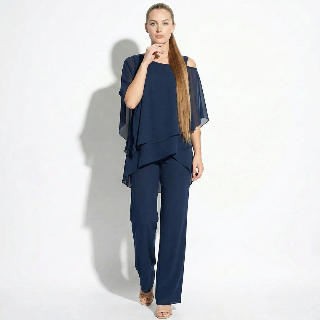 Bianca - Women's 2 - Piece Trouser Set with Layered Sleeves - Set - Dark Blue - Davies & Cooper